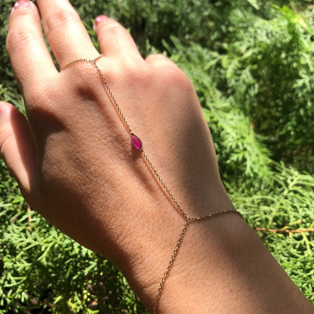 Genuine Pink Ruby Solid 14K Yellow Gold Handchain Bracelet